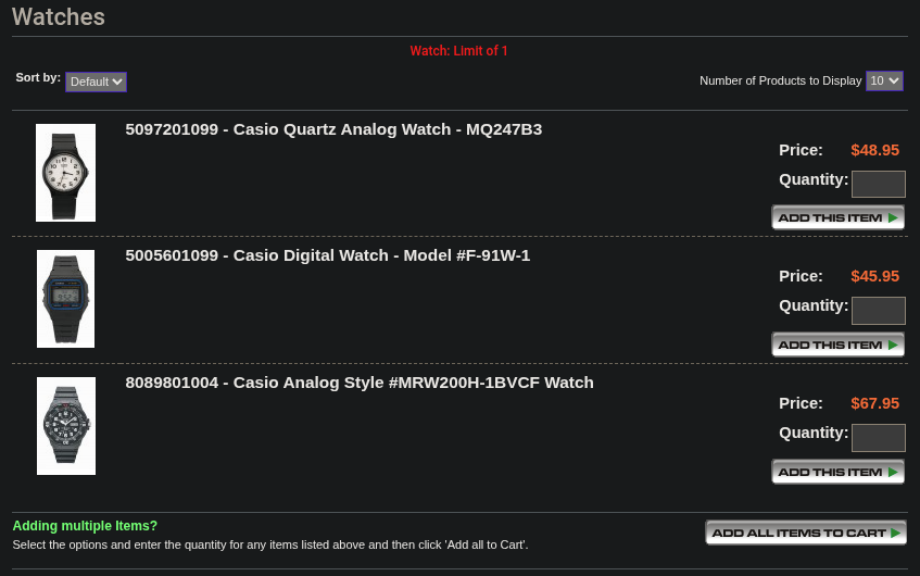 A screenshot from flprivatepackages.com showing 3 Casio watches. An MQ247B3 (Analogue), F-91W-1 (Digital) and a MRW200H-1BVCF (Analogue) at $48.95, $45.95 and $67.95 respectively